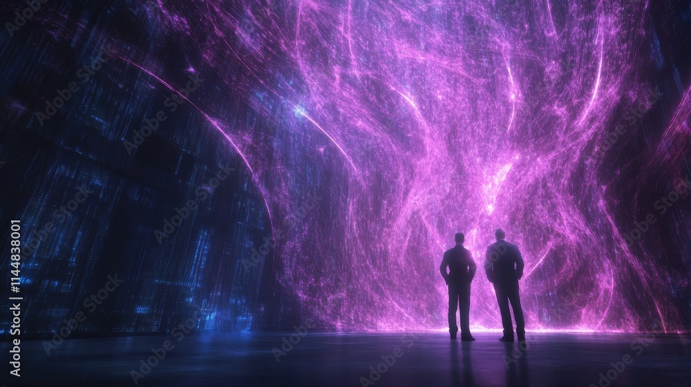 Poster technicians managing glowing fiber optics in vast data hub futuristic environment high-tech viewpoin