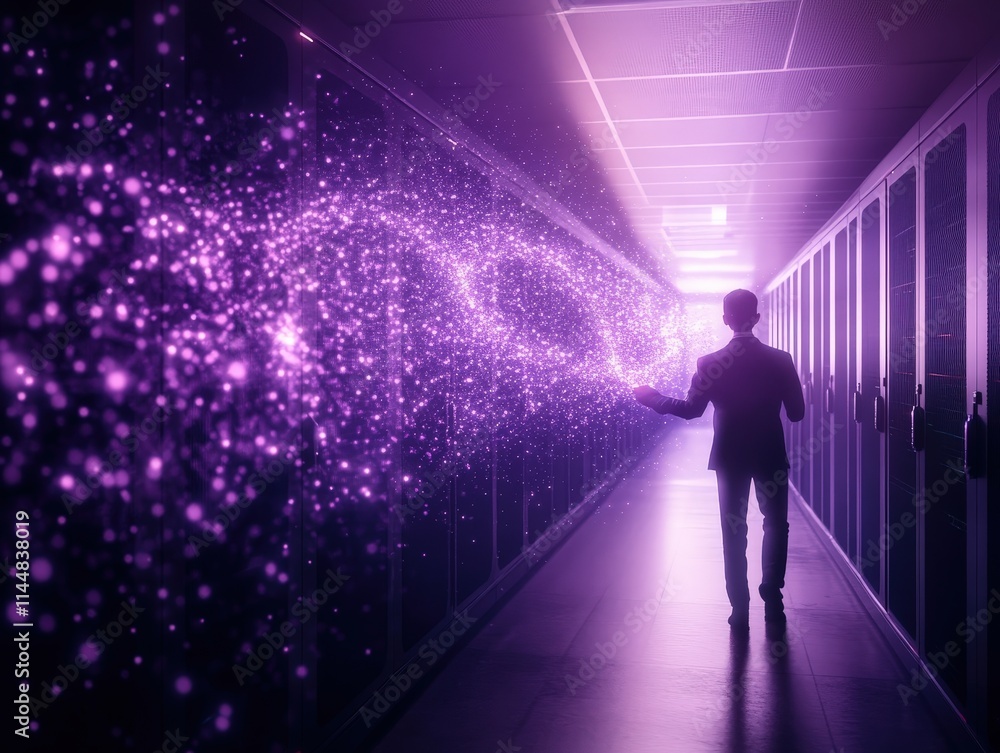 Poster technicians inspecting glowing fiber optic systems in a futuristic data center digital environment i
