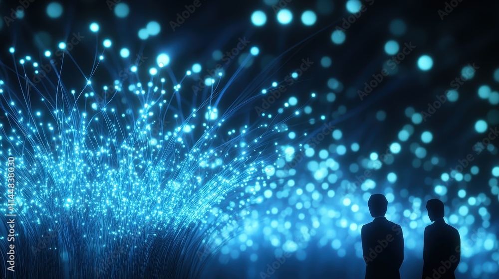Poster technicians managing glowing fiber optics in a vast data hub environment high-tech viewpoint data ma