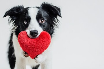 Fototapeta premium Border collie holds a red heart toy.