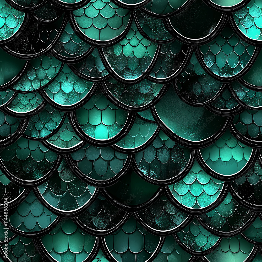 Poster a seamless pattern of textured pattern of overlapping scales in shades of green and black, resemblin