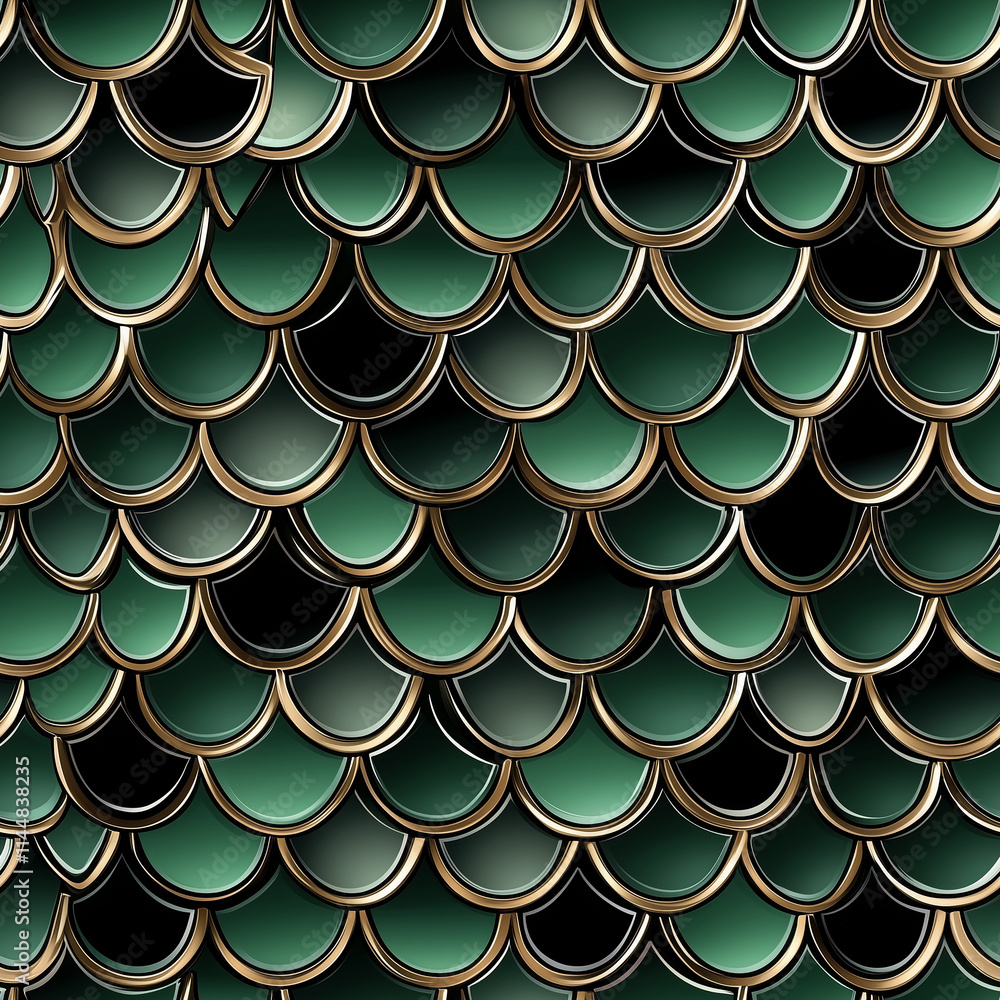 Poster a seamless pattern of textured pattern of overlapping green scales with gold outlines, resembling fi