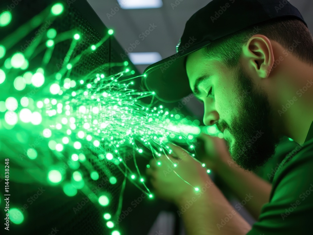 Poster technicians installing fiber optic systems in a high-tech environment modern workplace action shot p