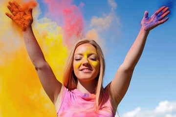 A cheerful woman with arms raised, adorned with bright powder colors on her face and clothing, reveling vividly beneath a clear blue sky and a burst of colors.