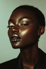portrait of woman with metallic smokey eye makeup and glowing skin under diffused studio lighting