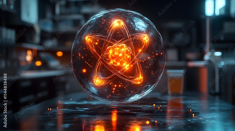 Poster highly detailed and precise 3d representation of a technetium atom meticulously depicting its electr