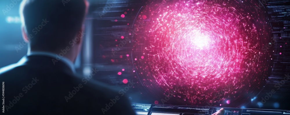 Aufkleber technicians managing data flow through vibrant glowing visuals in a futuristic control room