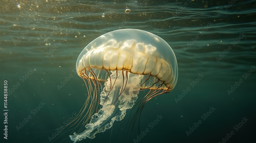 Poster jellyfish floating gently through water with soft lighting background blurred giving jellyfish glowi