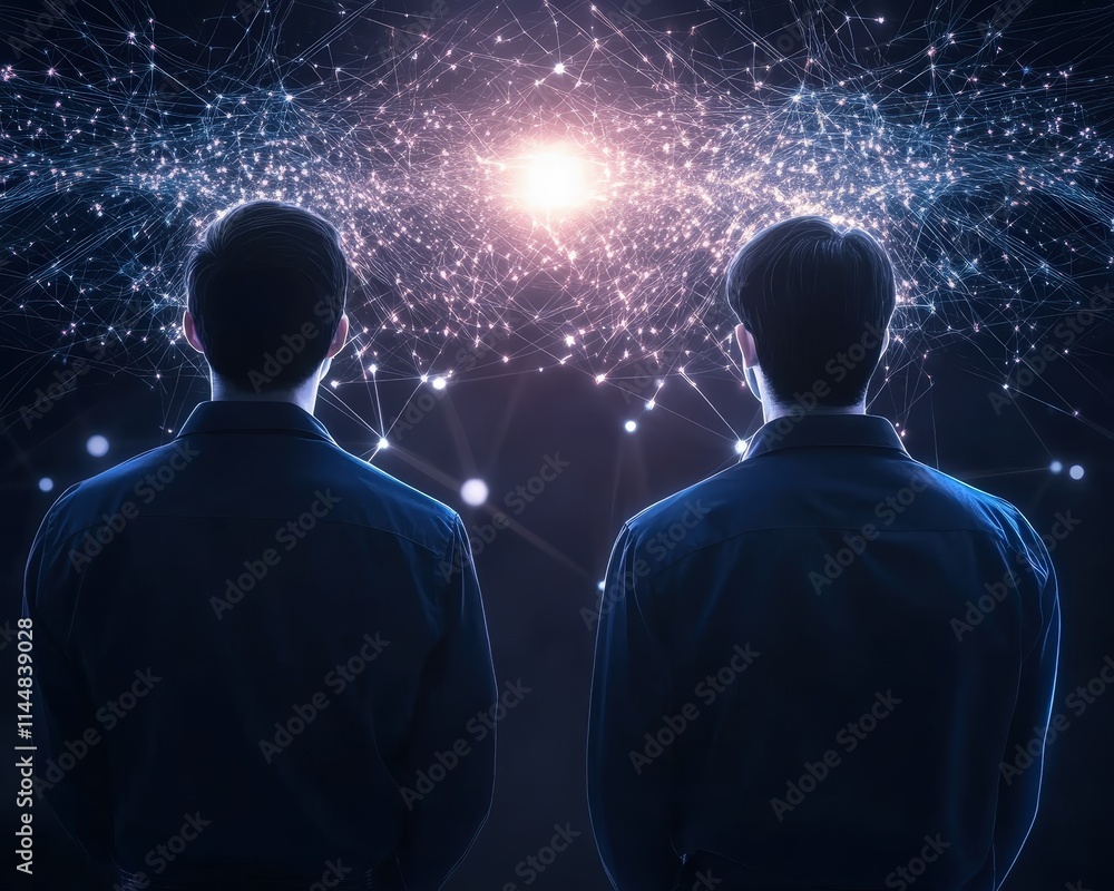 Poster technicians overseeing fiber optic cable systems integration digital network environment visual data