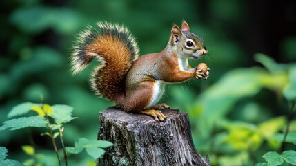 Obraz premium Squirrel on stump holding nut, blurred green forest background.