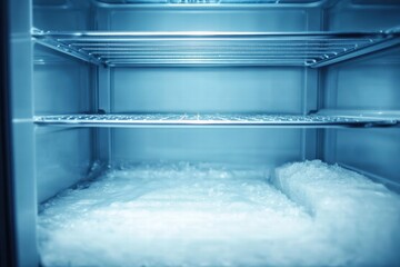 A tidy view of a frozen compartment inside a household freezer. Frost covers the shelves, conveying a sense of cleanliness and the efficient cooling system.