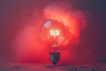 Glowing lightbulb with smoke and confetti explosion around set against the red background.