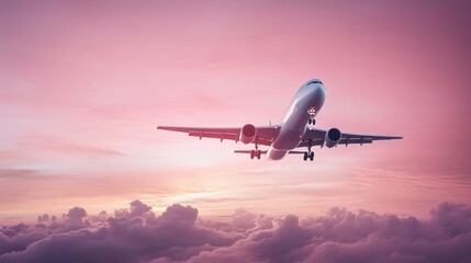 White passenger airplane soaring above fluffy clouds during a breathtaking pink and purple sunset, creating a stunning backdrop for travel and adventure in the sky