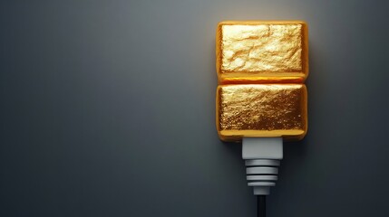 Gold bars on a wire instead of a light bulb. Symbolic abstract photo with gray background and copy space.