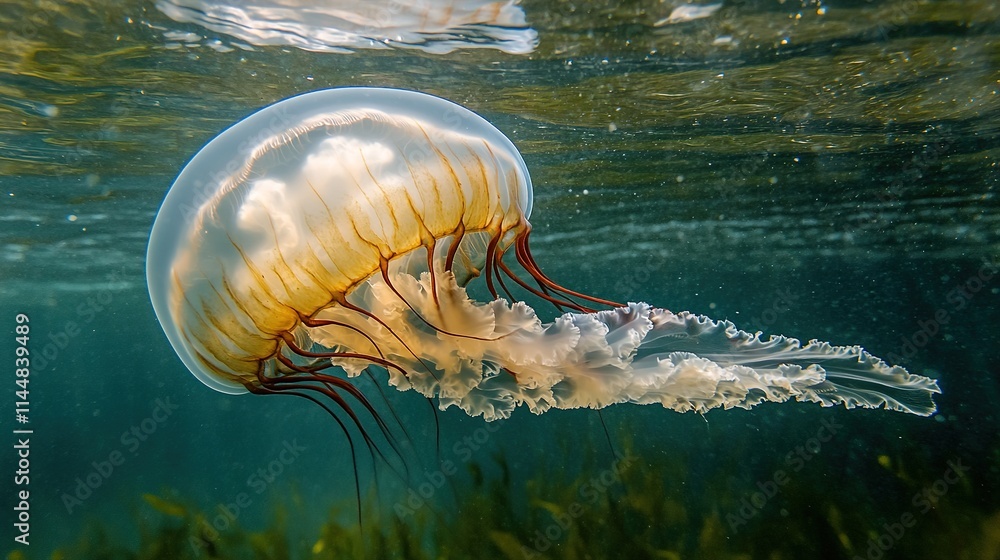Poster jellyfish floating gently through water with soft lighting background blurred giving jellyfish glowi