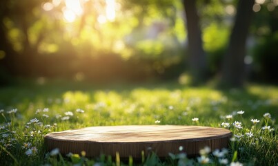 Wood display platform on grass, nature background.