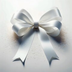 A bow made of white satin ribbon on a white background sprinkled with snow.