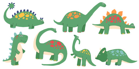 Dinosaur cute vector set. Dino prehistoric animals like pterosaur and stegosaurus, brachiosaurus and pterosaur. Flat isolated illustration.