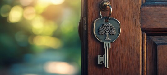 Key with a tree design hangs on a wooden door with blurry background.