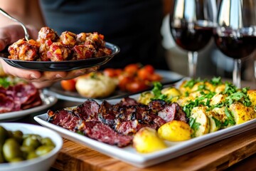 Obraz premium A luxurious and varied array of dishes, including grilled meats, vegetables, and small bites, elegantly set on large platters and complemented by red wine glasses.