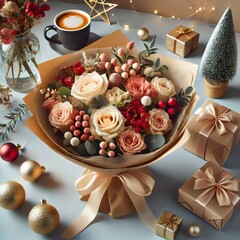 Bouquet and Christmas decorations on the table. 3D illustration.