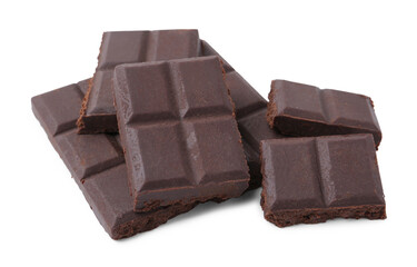 Pieces of delicious dark chocolate isolated on white