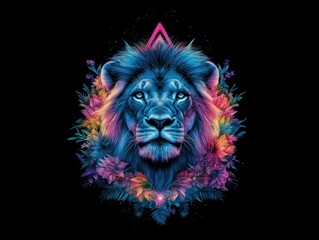 Fototapeta premium A majestic neon lion surrounded by vibrant cosmic flora, radiating power, wisdom, and mystical energy in a psychedelic dreamscape.