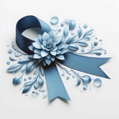 Blue ribbon and floral decor on a white background.