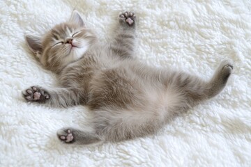 Kitten sleeping peacefully on fluffy white blanket.