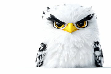 Obraz premium Cartoonish white owl character with intense expression and fluffy feathers on bright background
