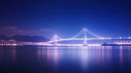 Fototapeta premium Illuminated bridge at night over serene waters vibrant cityscape urban photography tranquil reflections aesthetic perspective
