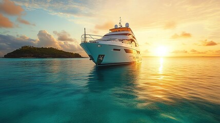 luxurious yacht anchored off tropical island with clear turquoise waters surrounding it