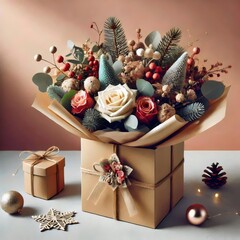Bouquet of flowers and Christmas decorations.