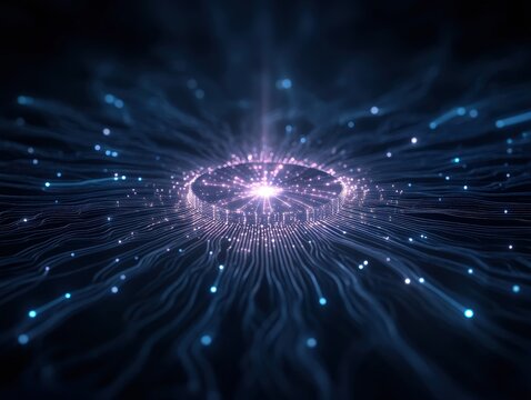 Dynamic closeup of a futuristic internet hub digital realm visual art high-tech environment abstract viewpoint innovation concept