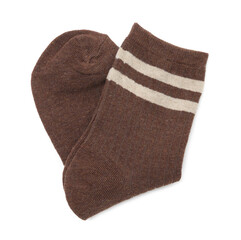 Pair of soft socks isolated on white, top view