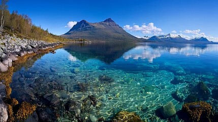 Obraz premium Crystal-clear lake reflecting mountains under a blue sky.