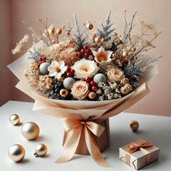 Christmas still life with a gift box, bouquet,  and golden Christmas balls.
