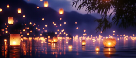 Obraz premium A serene night scene featuring illuminated lanterns floating on water, surrounded by a misty landscape and gentle reflections.