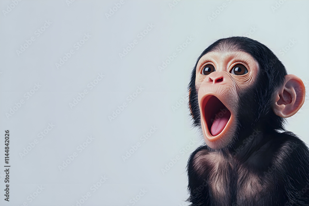 Poster young monkey with open mouth displaying surprise and curiosity against a soft background