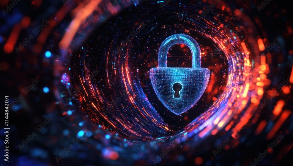 Poster glowing padlock in abstract tunnel of blue and red particles.