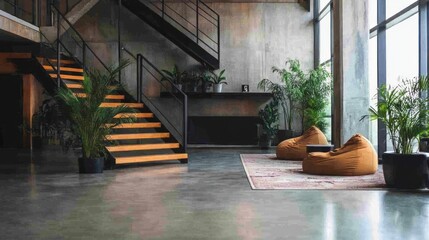 Obraz premium Interior view of modern staircase and sitting area with potted plants.