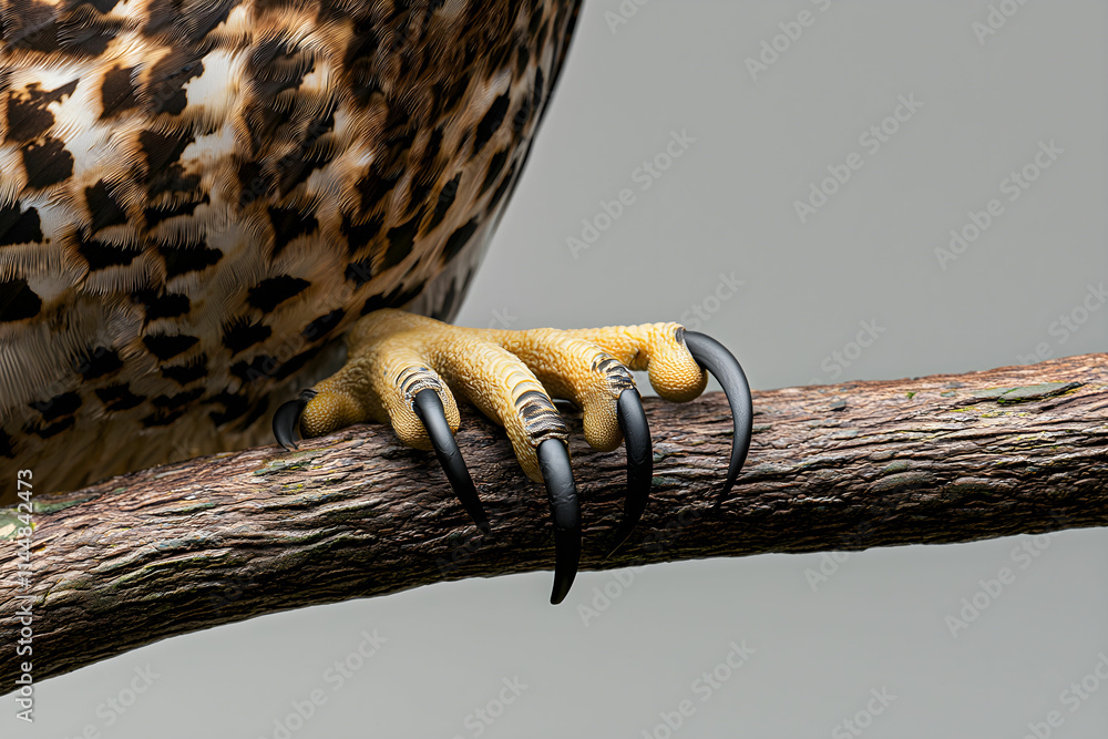 Poster detailed close-up of a bird's talon gripping branch with rich feather patterns on background