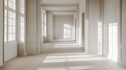 Empty, light filled, classical corridor with repeating doors, and windows.
