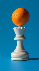 A white chess piece with a tangerine on top. Creative abstract composition with pastel blue background.