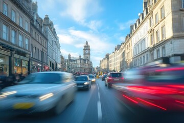 Street with cars in motion and buildings.