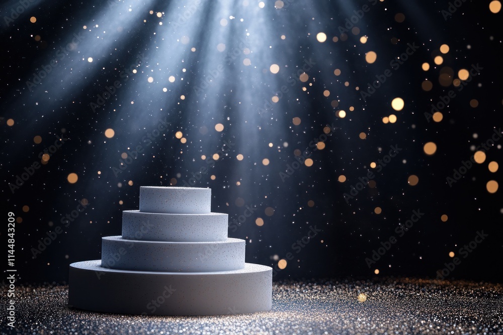 Poster lit podium stage with bokeh and sparkles in dark.