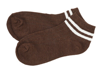 Pair of soft socks isolated on white, top view