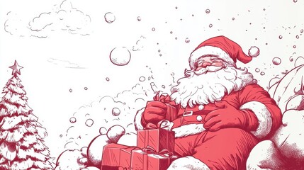 Smiling Santa Claus with a sack of gifts stands beside a decorated Christmas tree in a snowy winter wonderland
