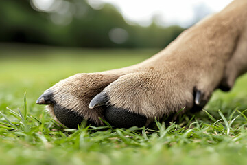 Close-Up View of Animal Paw on Lush Green Grass in Sunlight with Sharp Claws and Soft Fur Texture