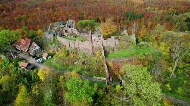 Aerial view ruins of old castle. Ruin of Hohnstein Castle, Harz mountains, Germany.